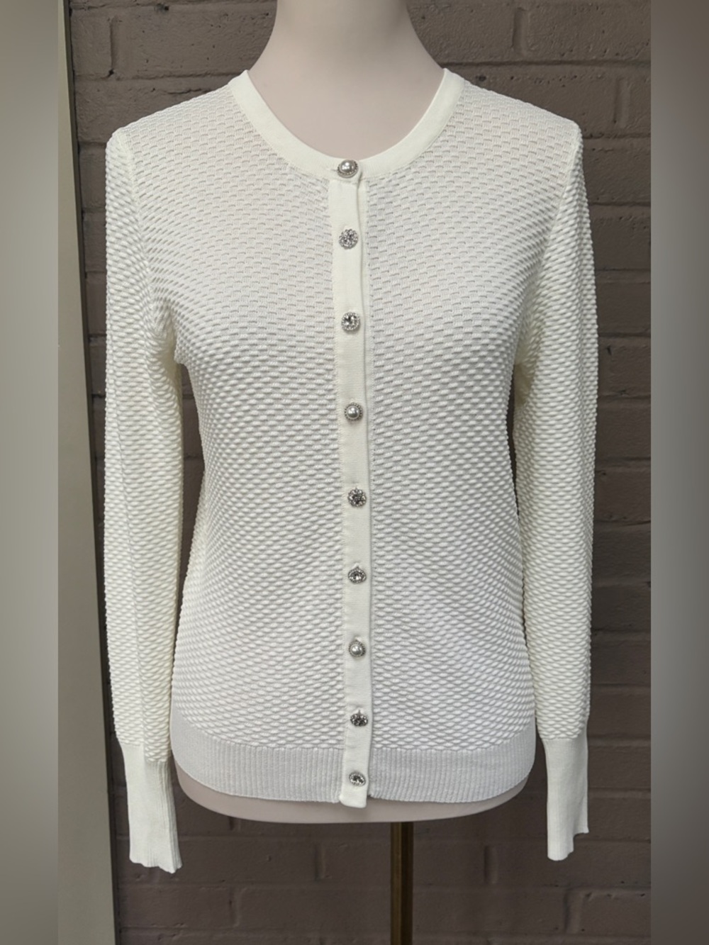 Zara Ivory Textured Knit Button-Front Cardigan with crystal buttons M